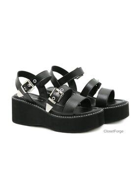 Women's Strappy Wedge Platform Goth Sandals with Ankle Buckle, Chunky Heel,